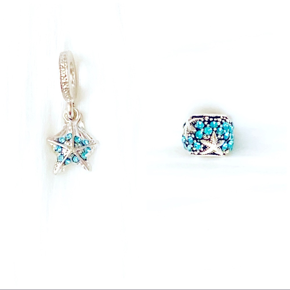 Blue Starfish And Starfish Shell Silver Bead